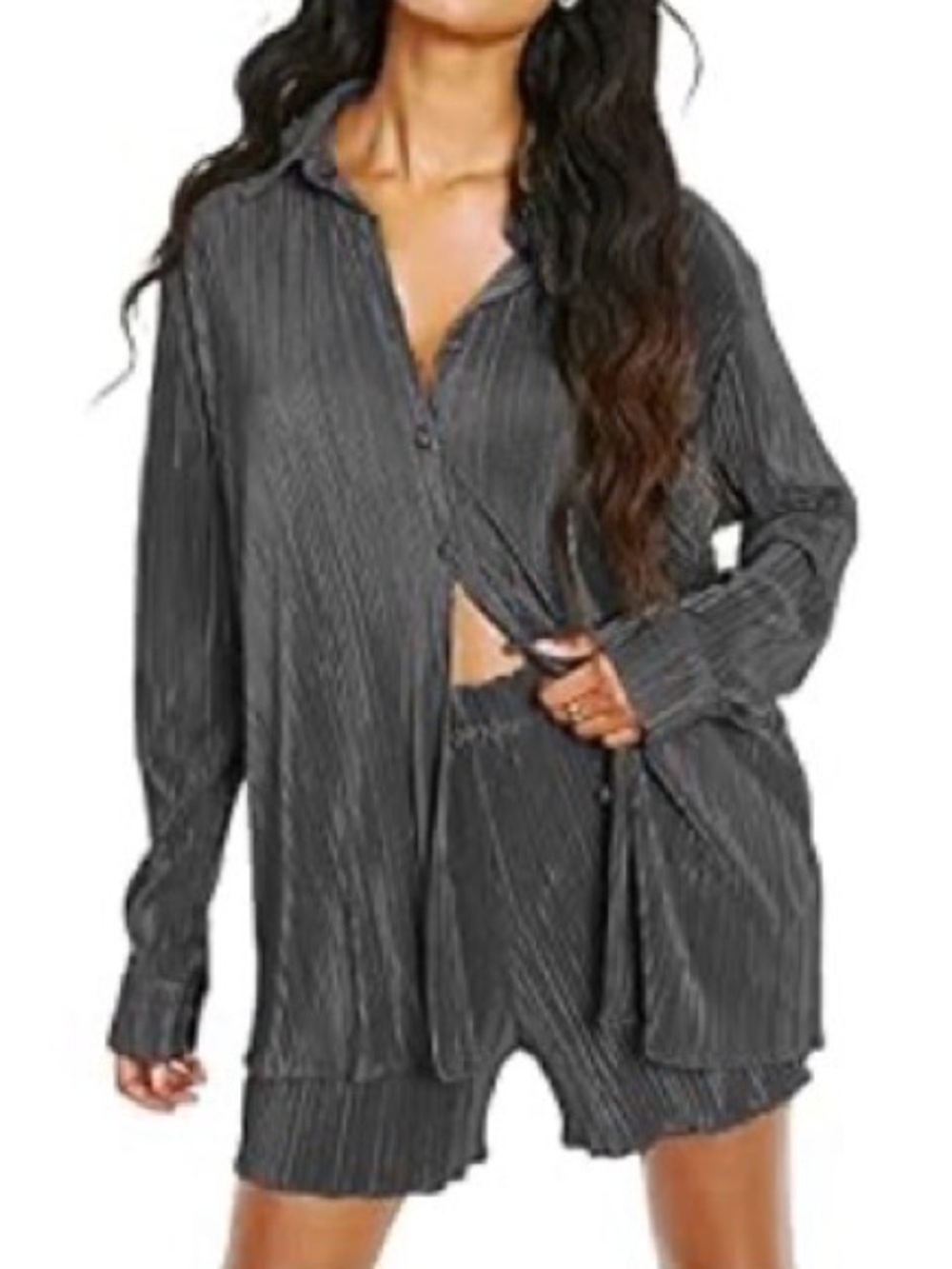 Metallic Gunmetal Gray Pleated Satin Button Down Shirt & Shorts Set